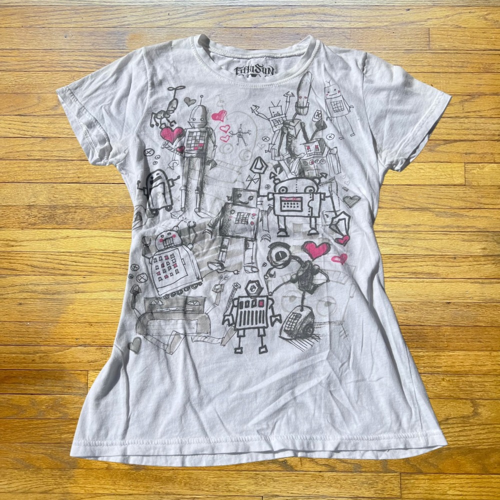 Fifth Sun Robot Heart Graphic Tee White Cotton Short Sleeve T-Shirt Large